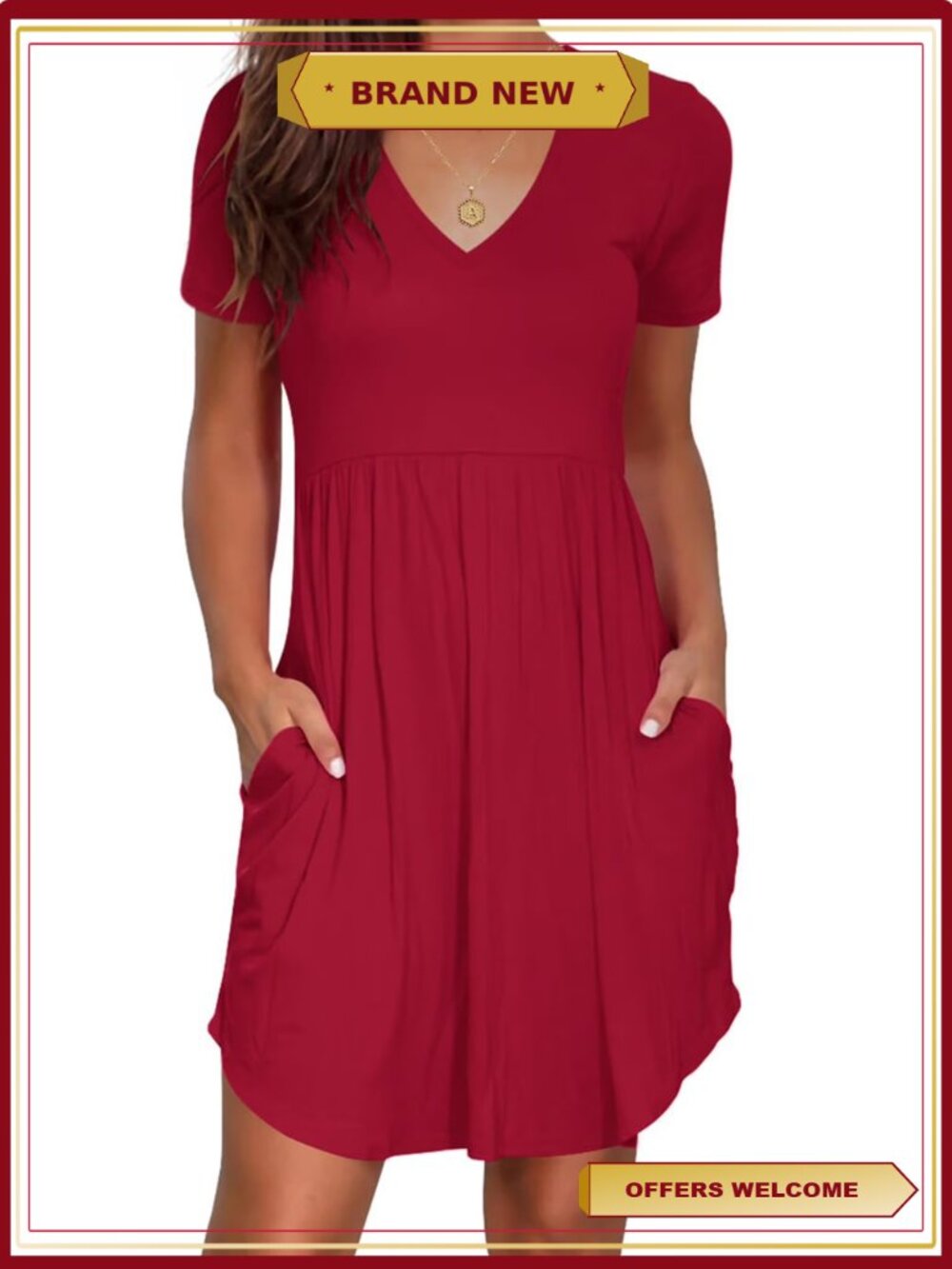 Sundress for Women V Neck Short Sleeve Loose Fit Mini Dress with Pockets
